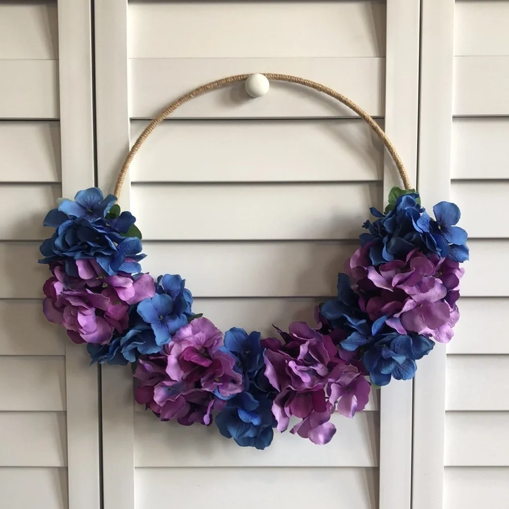 Blue Purple Hydrangea Azalea Floral Decor Twine Tweed Hoop Wreath